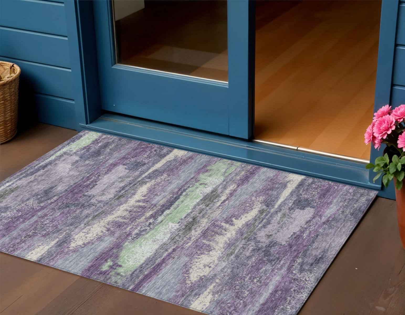 3' X 5' Purple And Lavender Abstract Washable Indoor Outdoor Area Rug