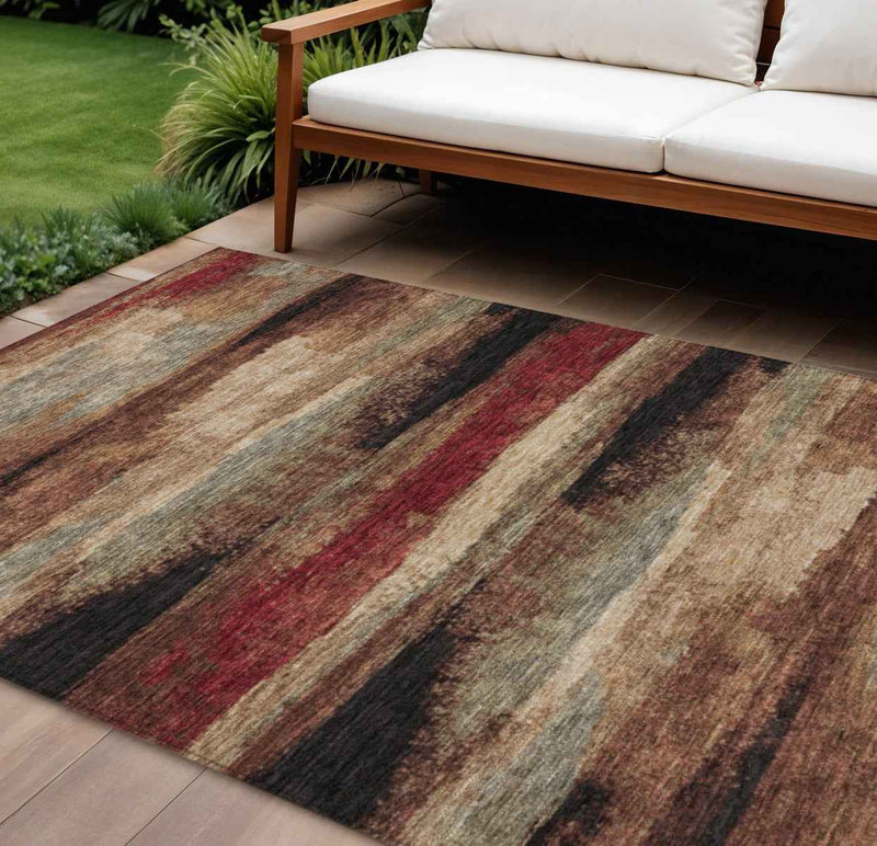 10' X 14' Brown Beige And Burgundy Abstract Washable Indoor Outdoor Area Rug