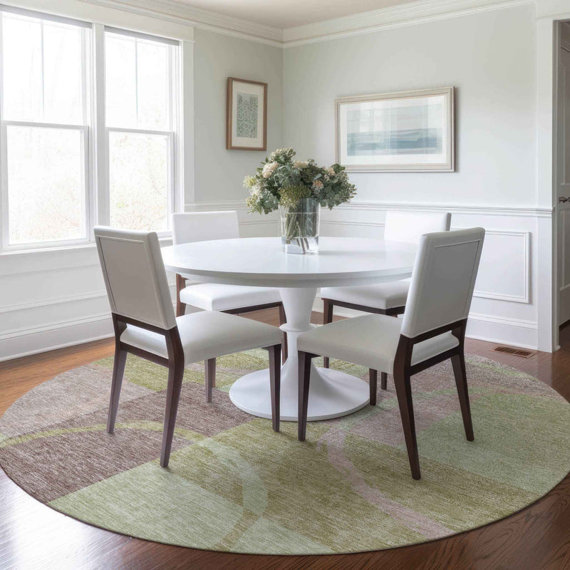8' Blush And Mint Green Round Abstract Washable Indoor Outdoor Area Rug