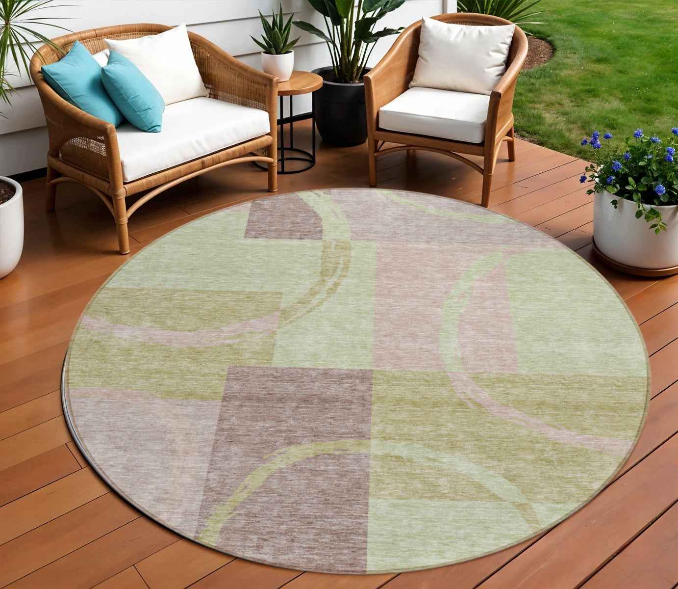 8' Blush And Mint Green Round Abstract Washable Indoor Outdoor Area Rug