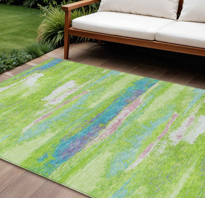 9' X 12' Lime Green And Sky Blue Abstract Washable Indoor Outdoor Area Rug