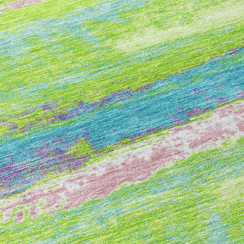 9' X 12' Lime Green And Sky Blue Abstract Washable Indoor Outdoor Area Rug