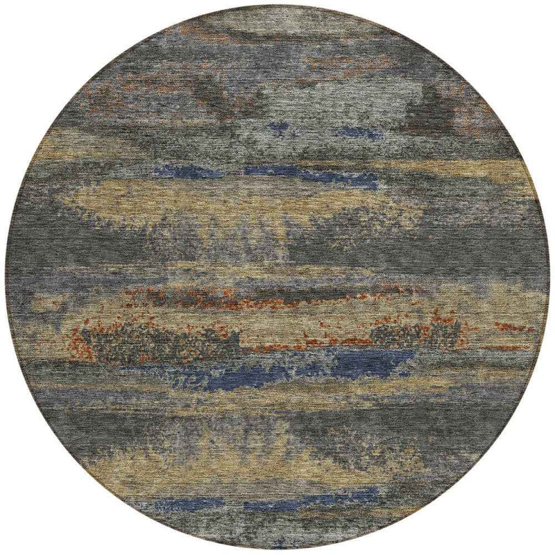 8' Graphite And Gray Round Abstract Washable Indoor Outdoor Area Rug