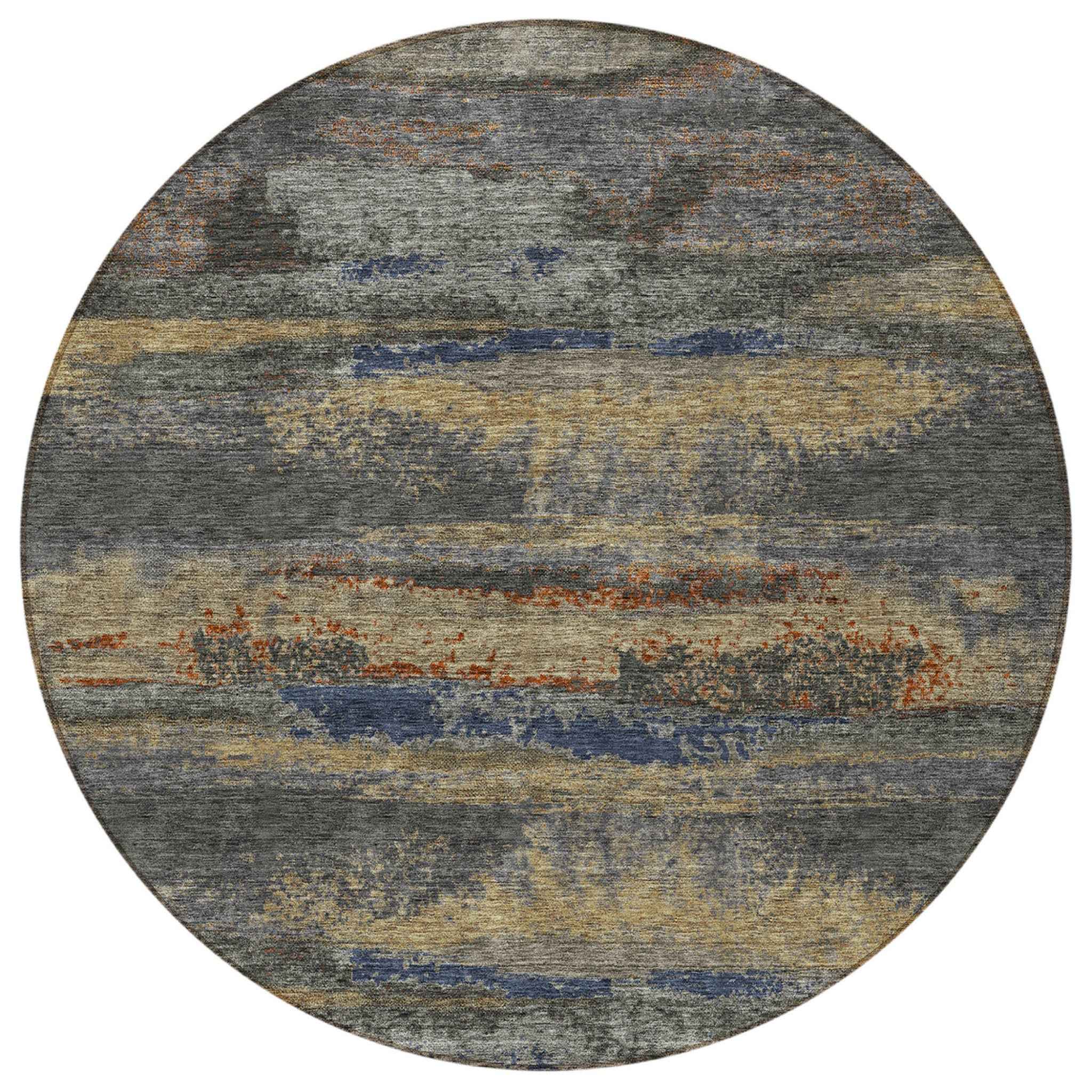8' Graphite And Gray Round Abstract Washable Indoor Outdoor Area Rug