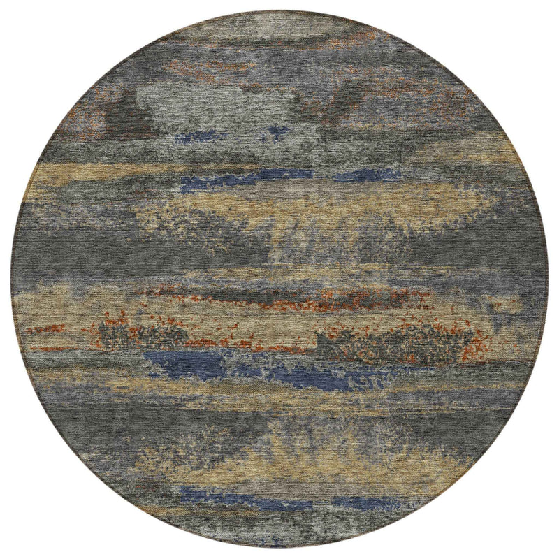 8' Graphite And Gray Round Abstract Washable Indoor Outdoor Area Rug