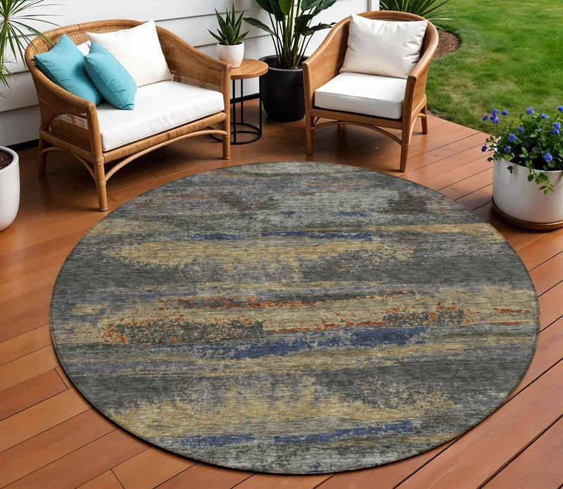 8' Graphite And Gray Round Abstract Washable Indoor Outdoor Area Rug