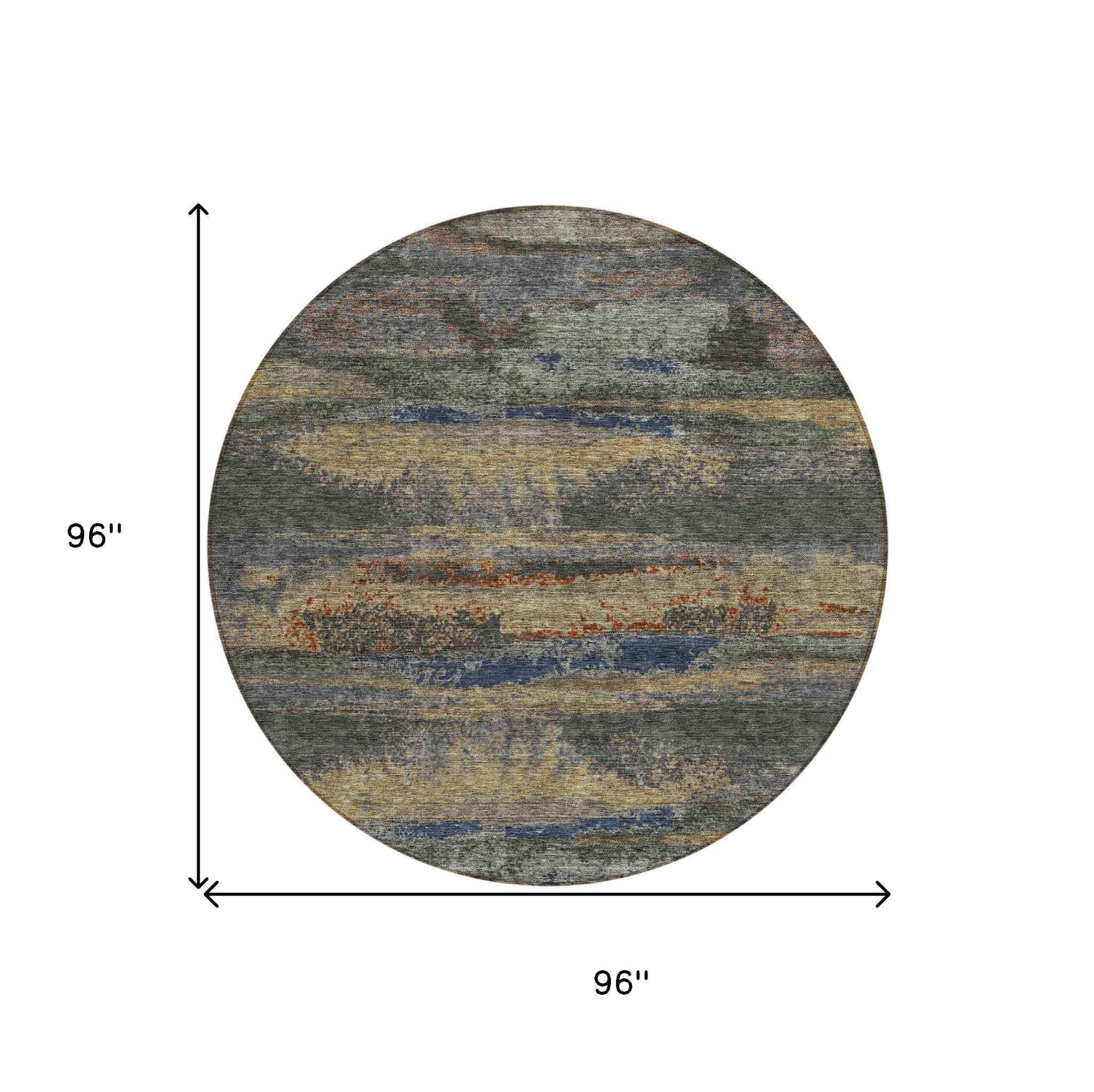 8' Graphite And Gray Round Abstract Washable Indoor Outdoor Area Rug
