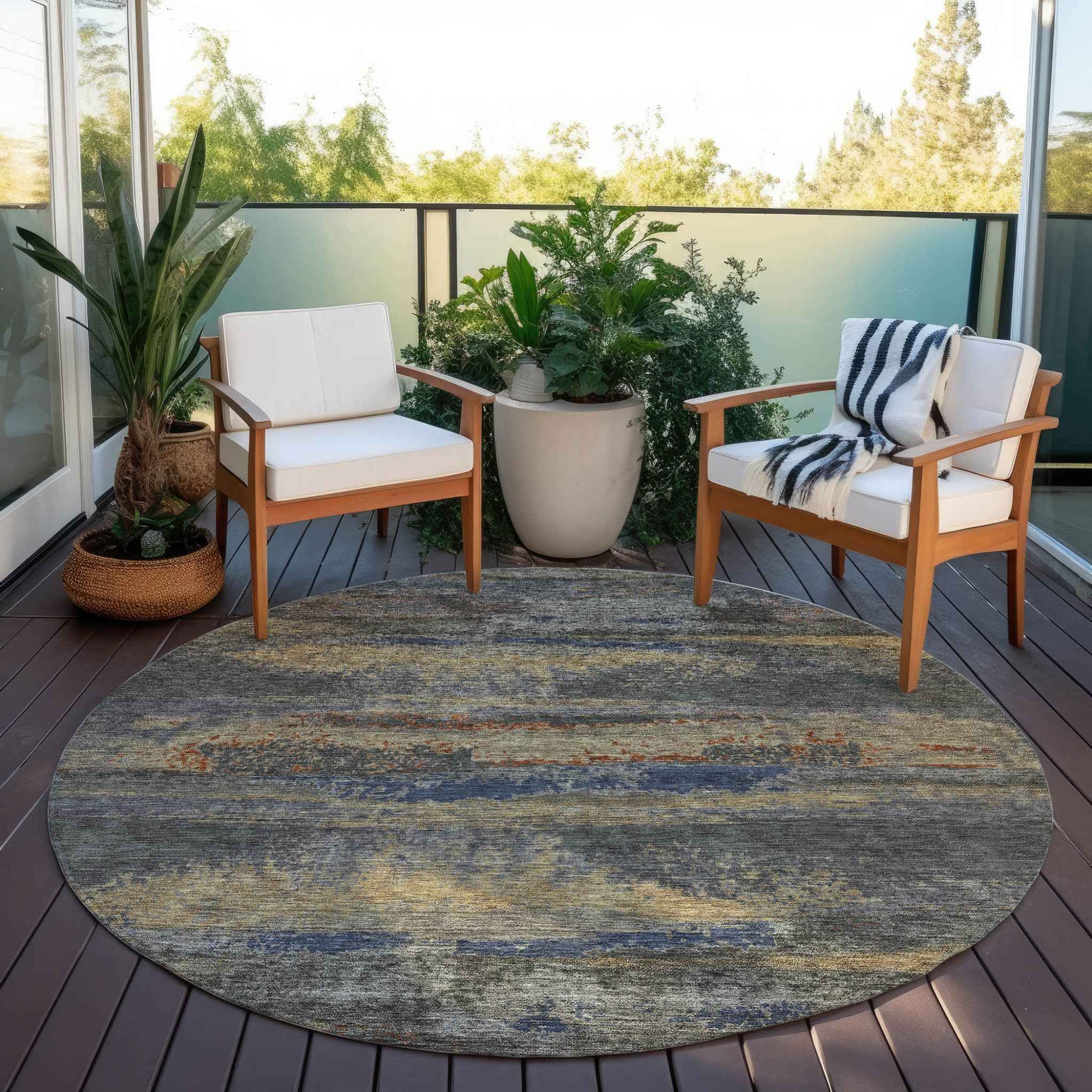 8' Graphite And Gray Round Abstract Washable Indoor Outdoor Area Rug
