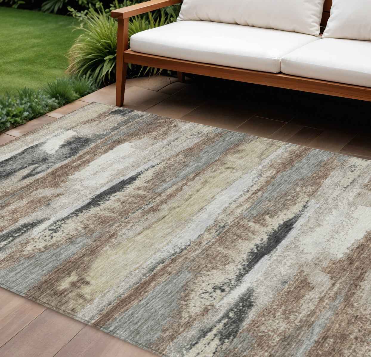 9' X 12' Taupe Beige And Ivory Abstract Washable Indoor Outdoor Area Rug