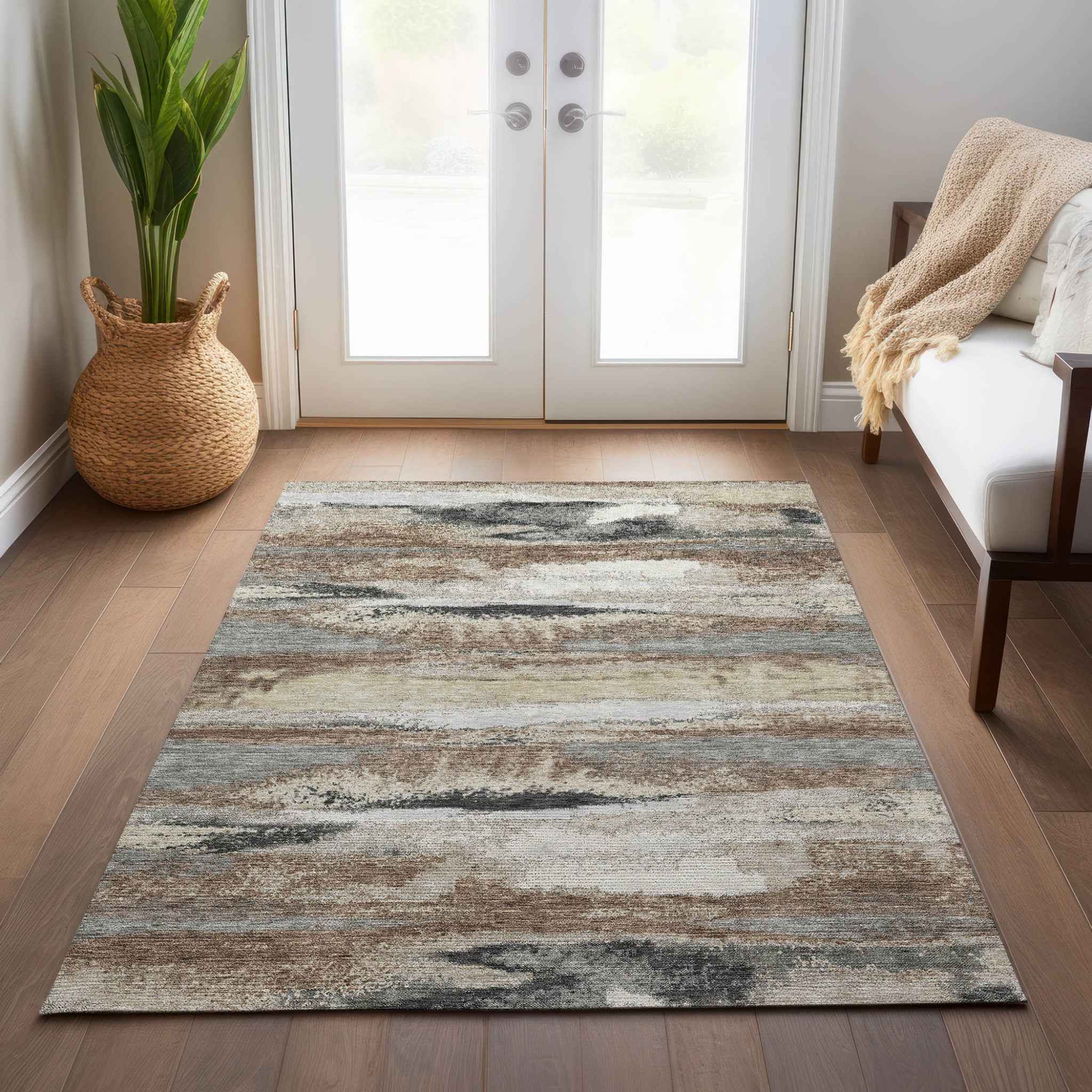 9' X 12' Taupe Beige And Ivory Abstract Washable Indoor Outdoor Area Rug