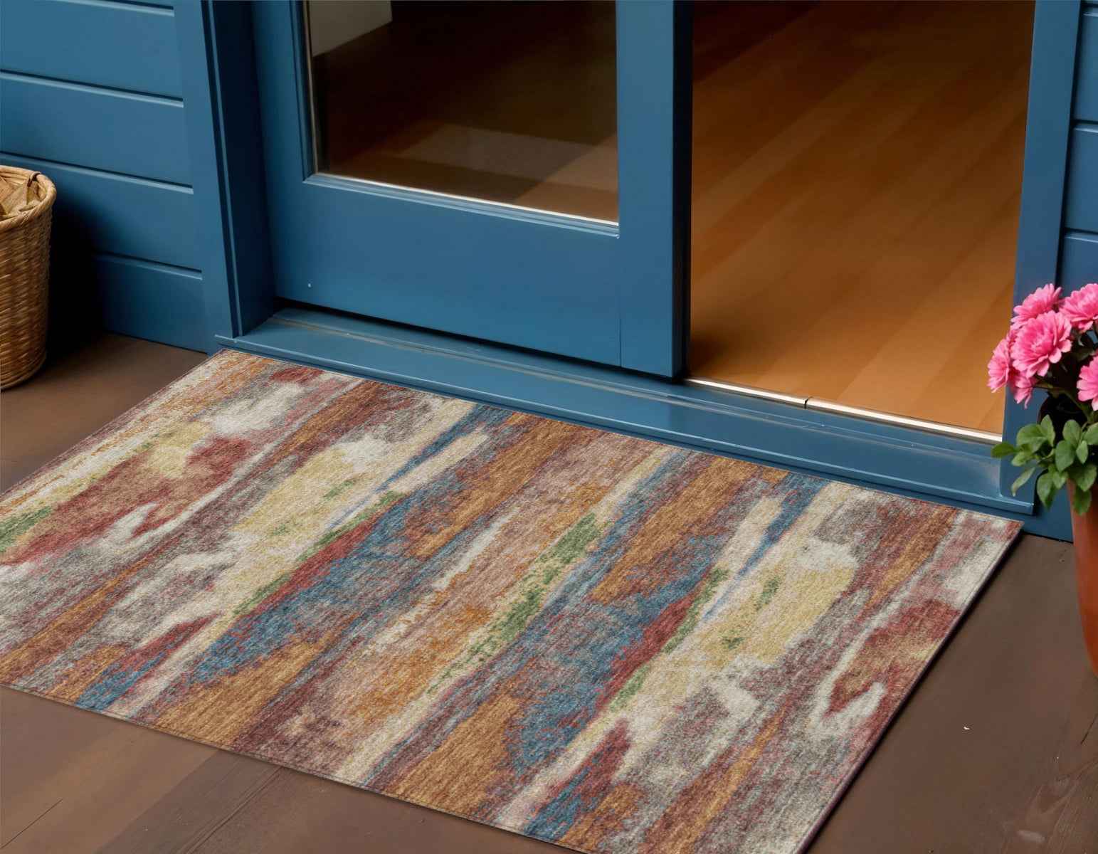 3' X 5' Orange Green And Gold Abstract Washable Indoor Outdoor Area Rug