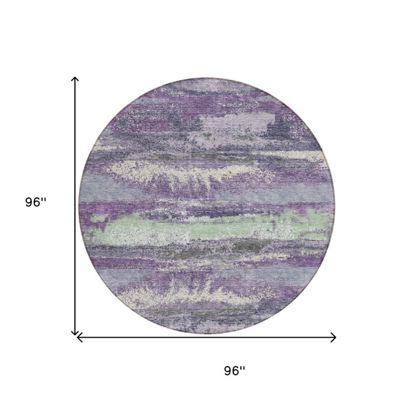 8' Purple And Lavender Round Abstract Washable Indoor Outdoor Area Rug