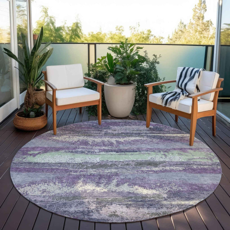 8' Purple And Lavender Round Abstract Washable Indoor Outdoor Area Rug