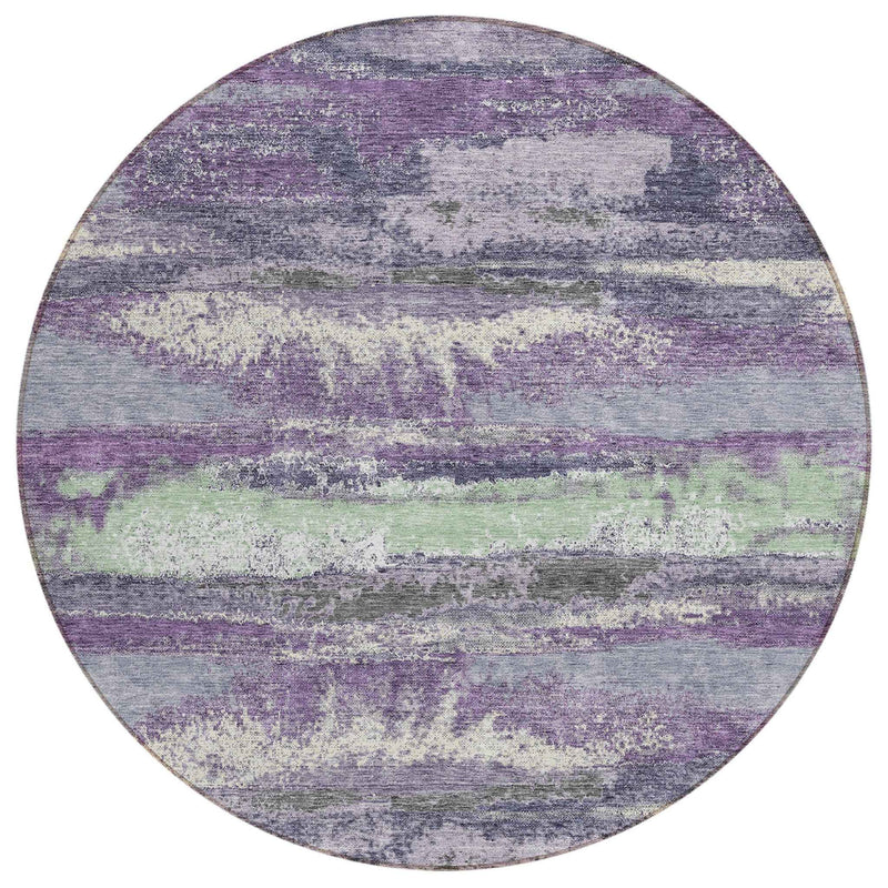 8' Purple And Lavender Round Abstract Washable Indoor Outdoor Area Rug
