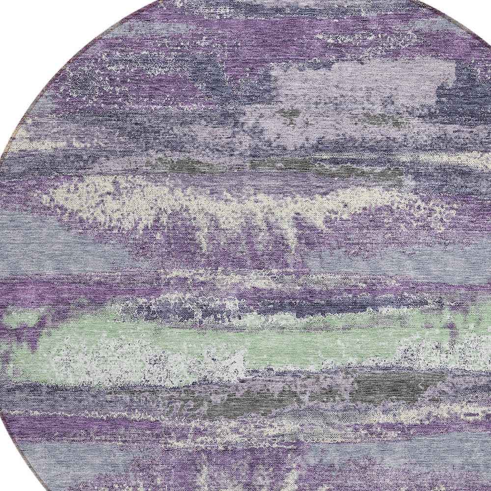 8' Purple And Lavender Round Abstract Washable Indoor Outdoor Area Rug