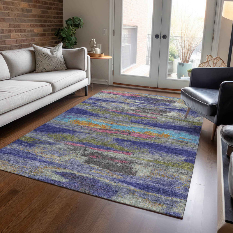 9' X 12' Lavender Pink And Blue Abstract Washable Indoor Outdoor Area Rug
