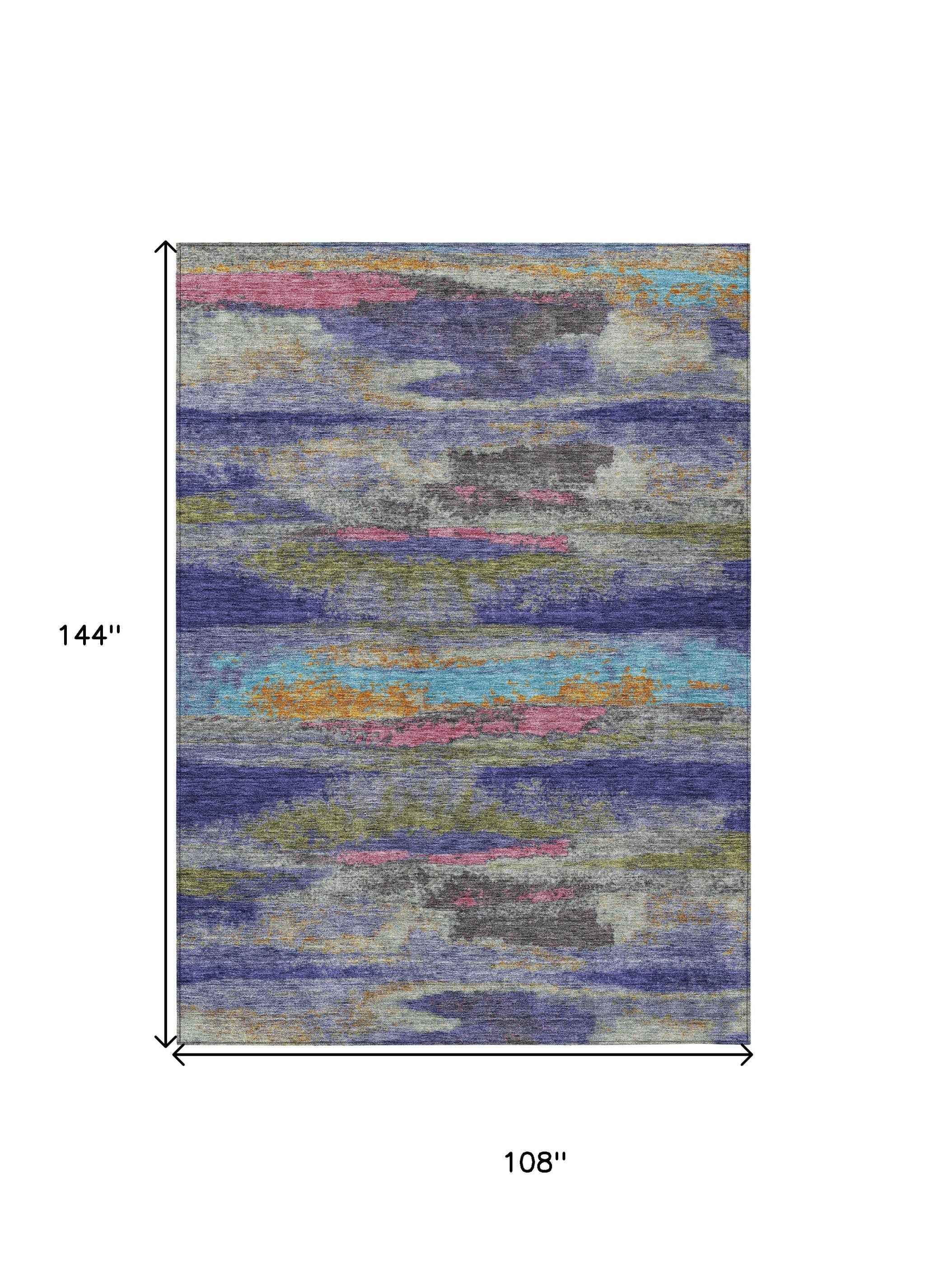 9' X 12' Lavender Pink And Blue Abstract Washable Indoor Outdoor Area Rug