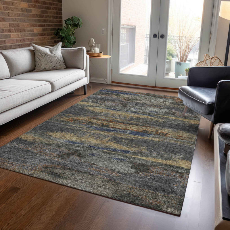 9' X 12' Graphite And Gray Abstract Washable Indoor Outdoor Area Rug