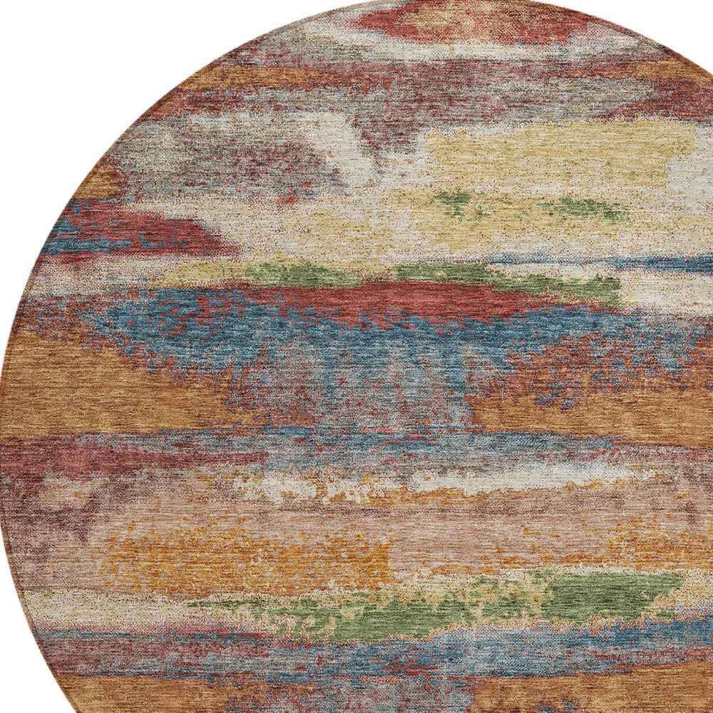 8' Orange Green And Gold Round Abstract Washable Indoor Outdoor Area Rug