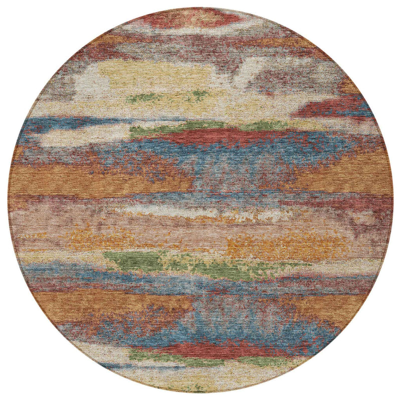 8' Orange Green And Gold Round Abstract Washable Indoor Outdoor Area Rug