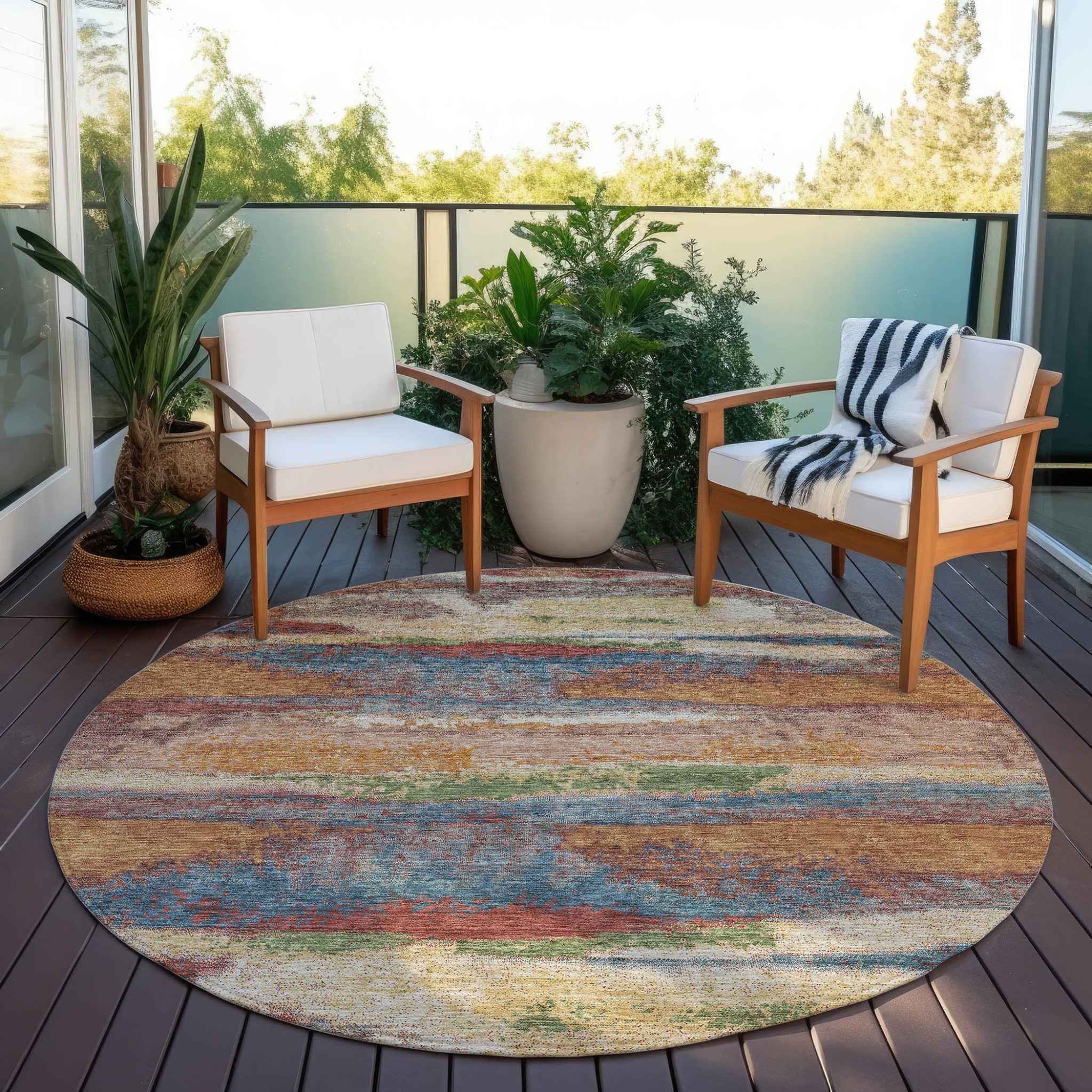 8' Orange Green And Gold Round Abstract Washable Indoor Outdoor Area Rug