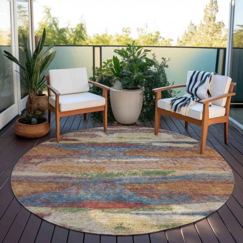 8' Orange Green And Gold Round Abstract Washable Indoor Outdoor Area Rug