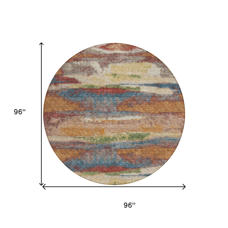 8' Orange Green And Gold Round Abstract Washable Indoor Outdoor Area Rug