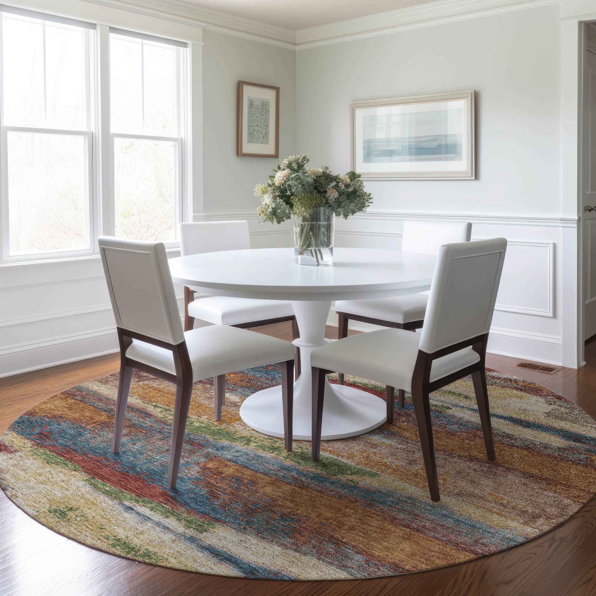 8' Orange Green And Gold Round Abstract Washable Indoor Outdoor Area Rug