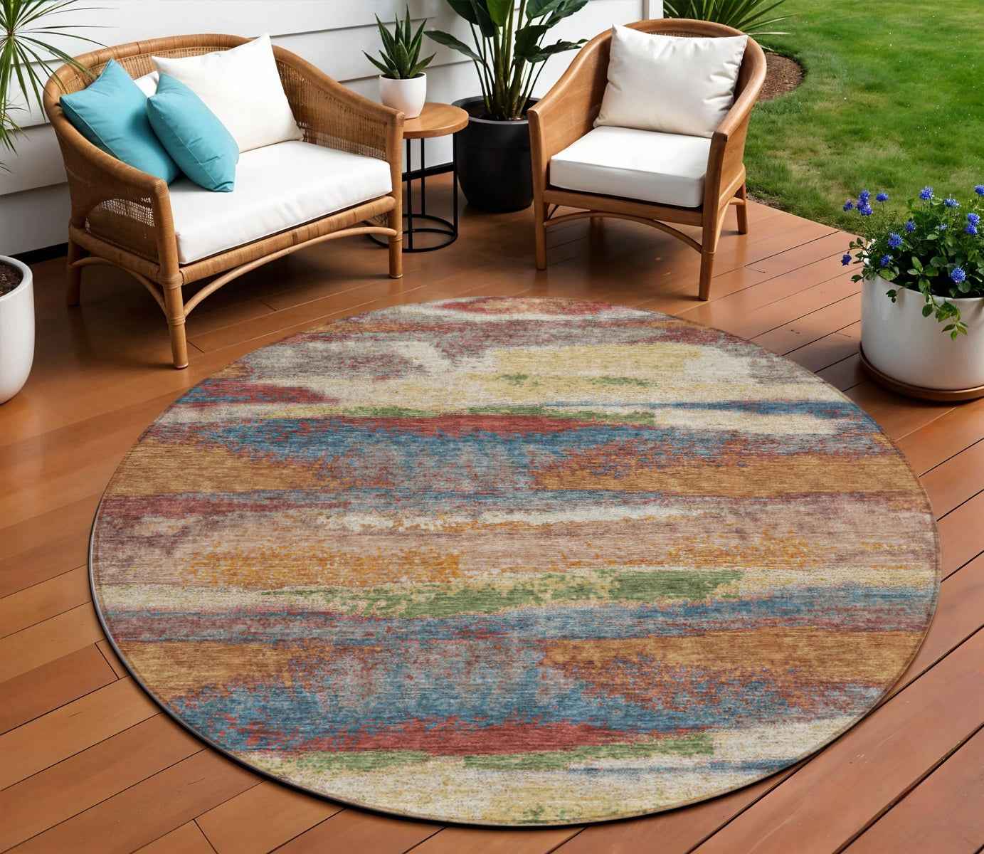 8' Orange Green And Gold Round Abstract Washable Indoor Outdoor Area Rug
