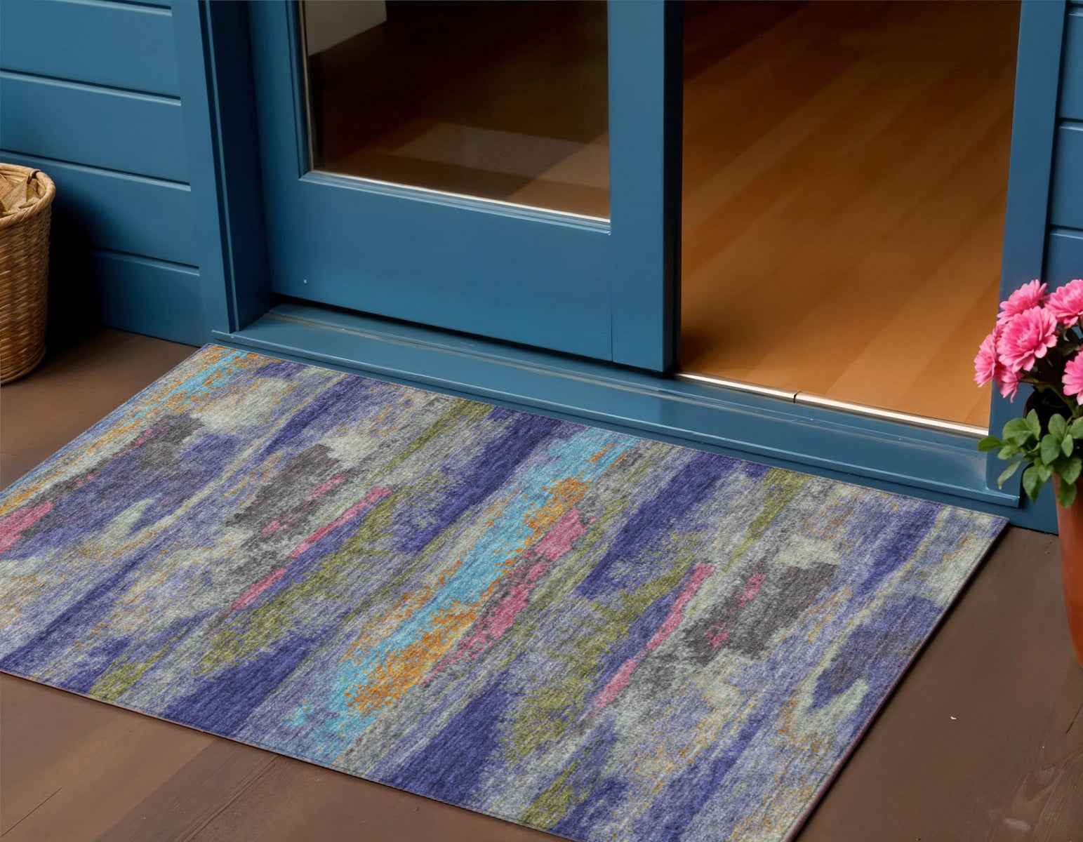 3' X 5' Lavender Pink And Blue Abstract Washable Indoor Outdoor Area Rug