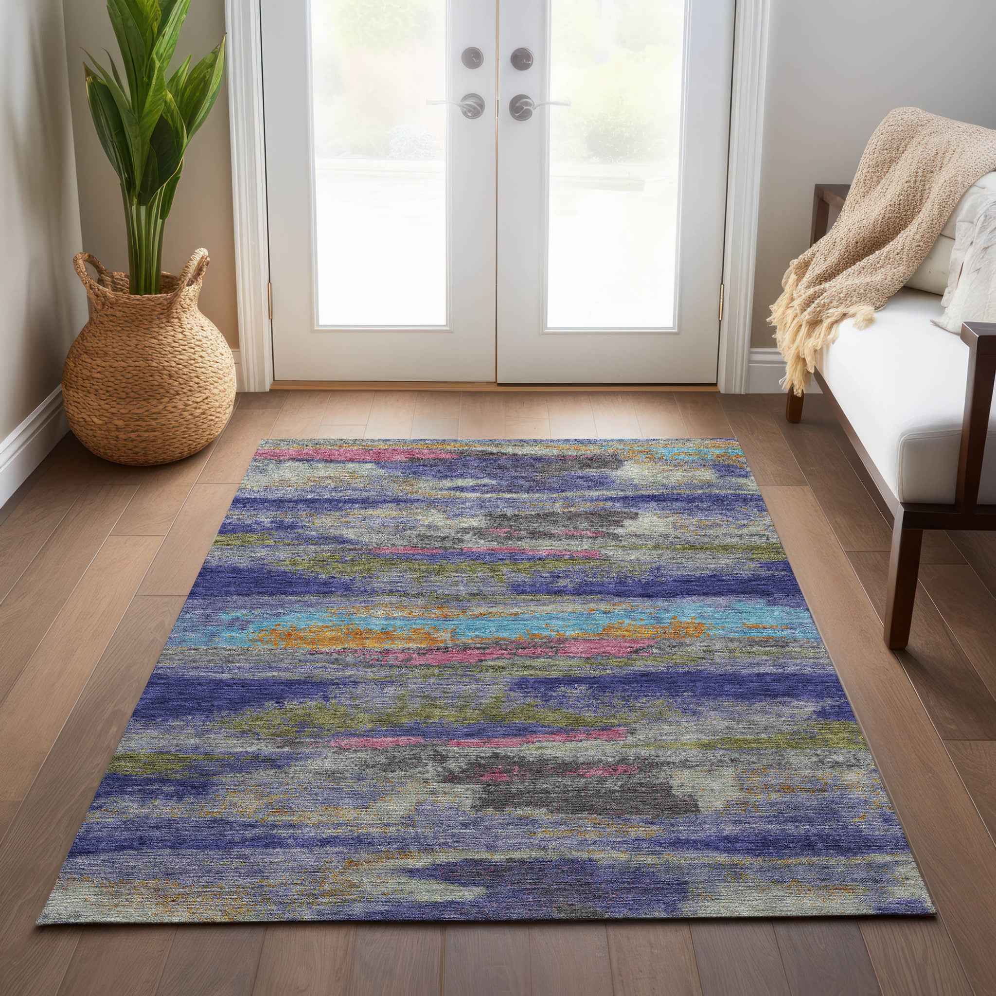 3' X 5' Lavender Pink And Blue Abstract Washable Indoor Outdoor Area Rug