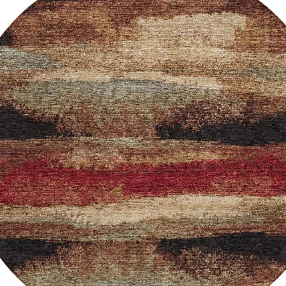 8' Brown Beige And Burgundy Round Abstract Washable Indoor Outdoor Area Rug