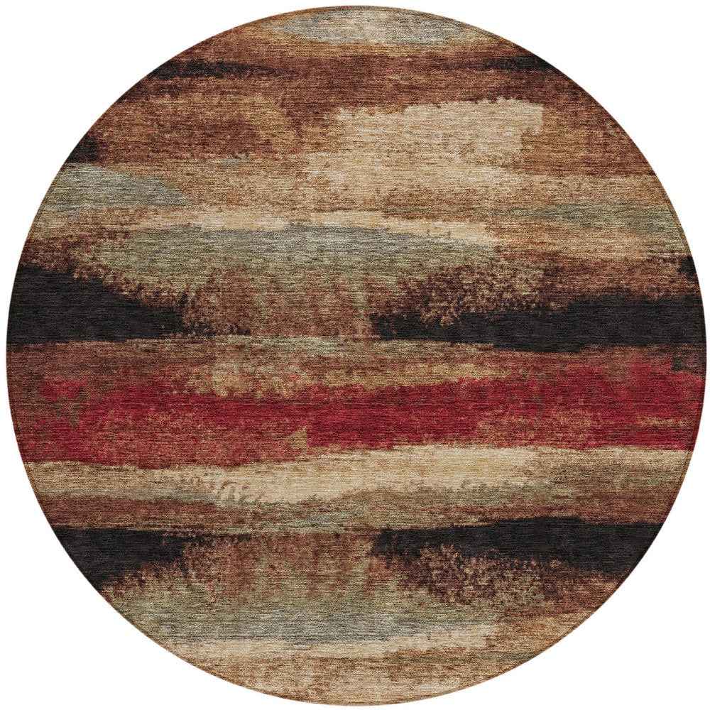 8' Brown Beige And Burgundy Round Abstract Washable Indoor Outdoor Area Rug