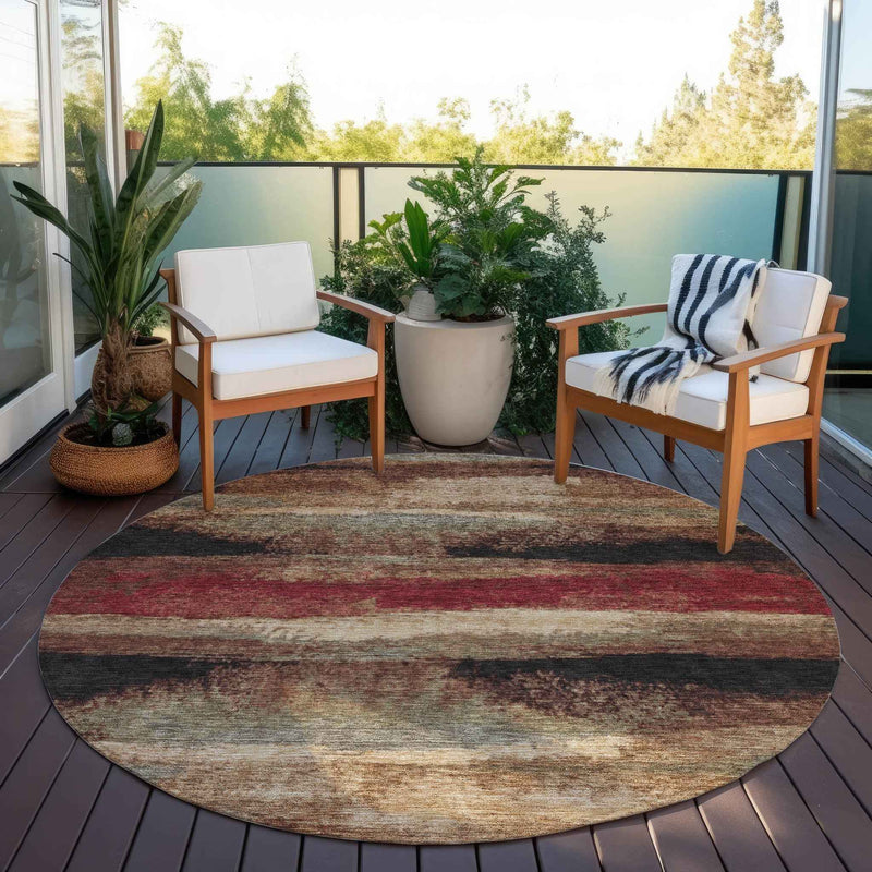 8' Brown Beige And Burgundy Round Abstract Washable Indoor Outdoor Area Rug