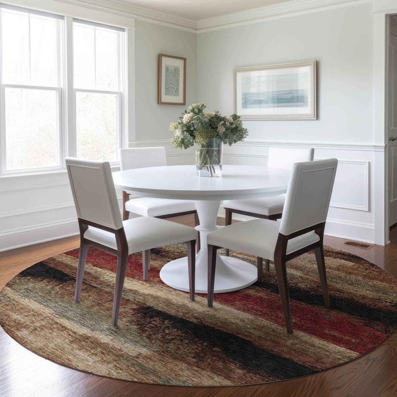 8' Brown Beige And Burgundy Round Abstract Washable Indoor Outdoor Area Rug