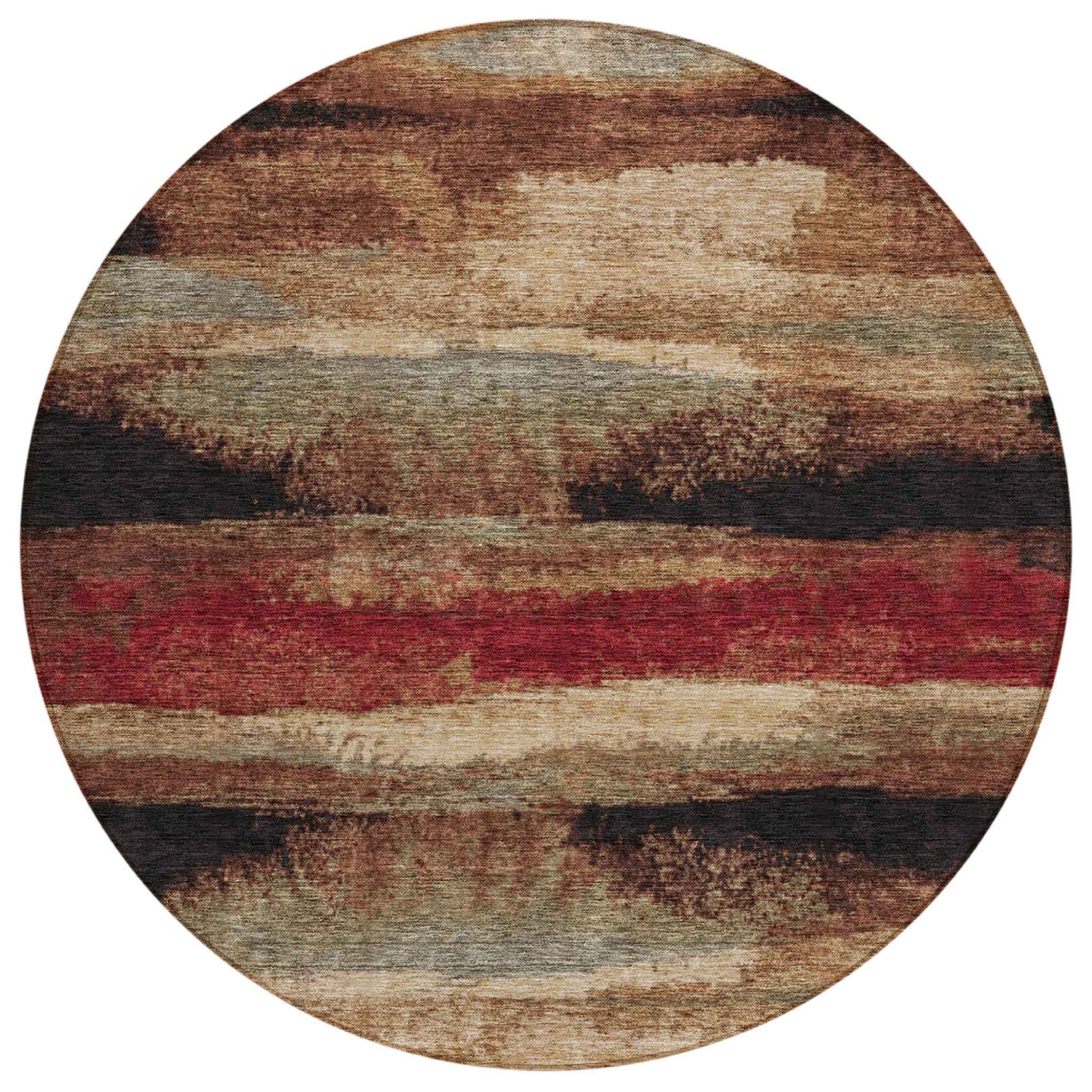 8' Brown Beige And Burgundy Round Abstract Washable Indoor Outdoor Area Rug