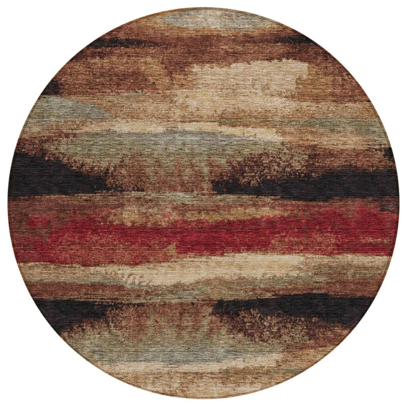 8' Brown Beige And Burgundy Round Abstract Washable Indoor Outdoor Area Rug