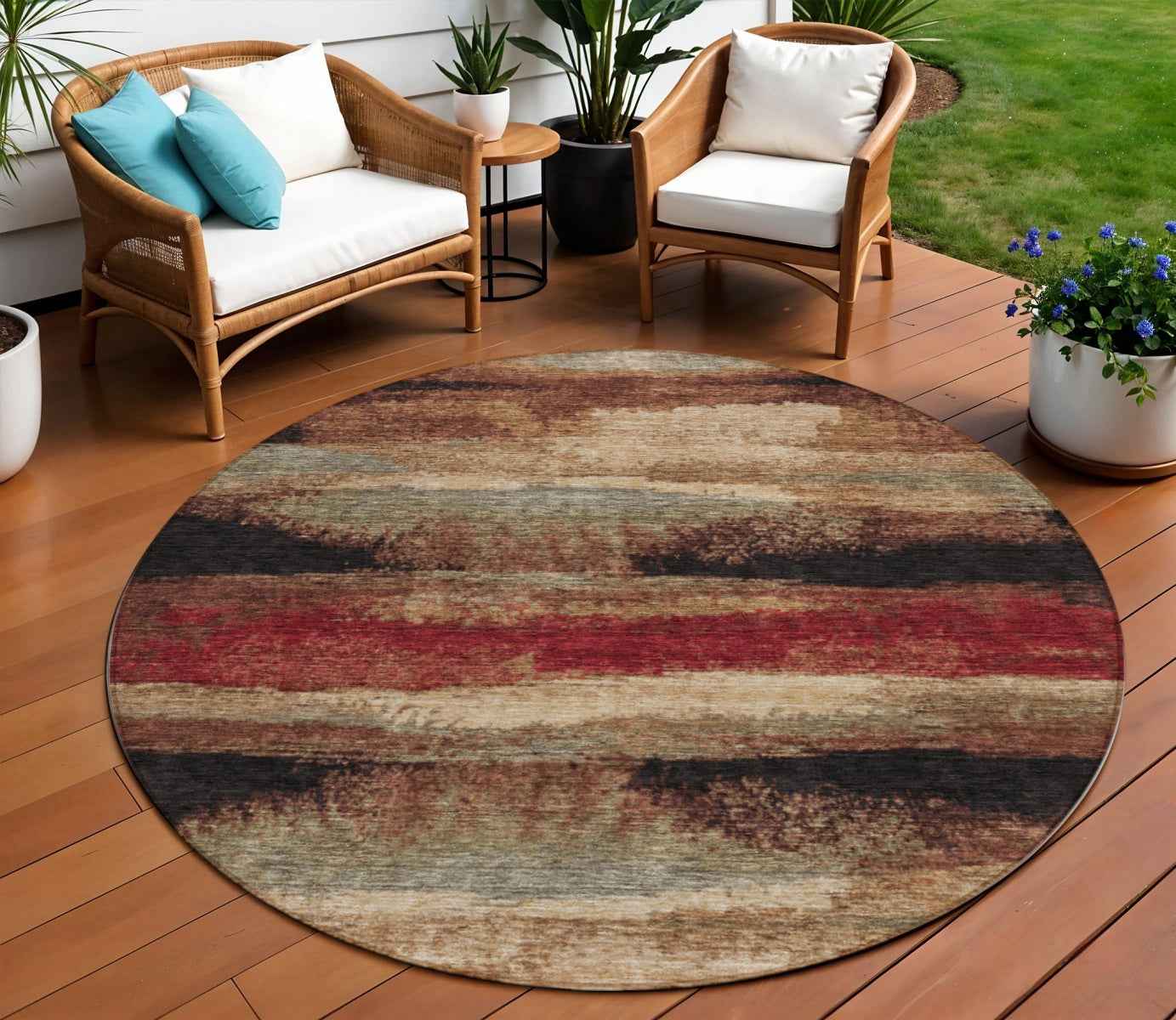 8' Brown Beige And Burgundy Round Abstract Washable Indoor Outdoor Area Rug