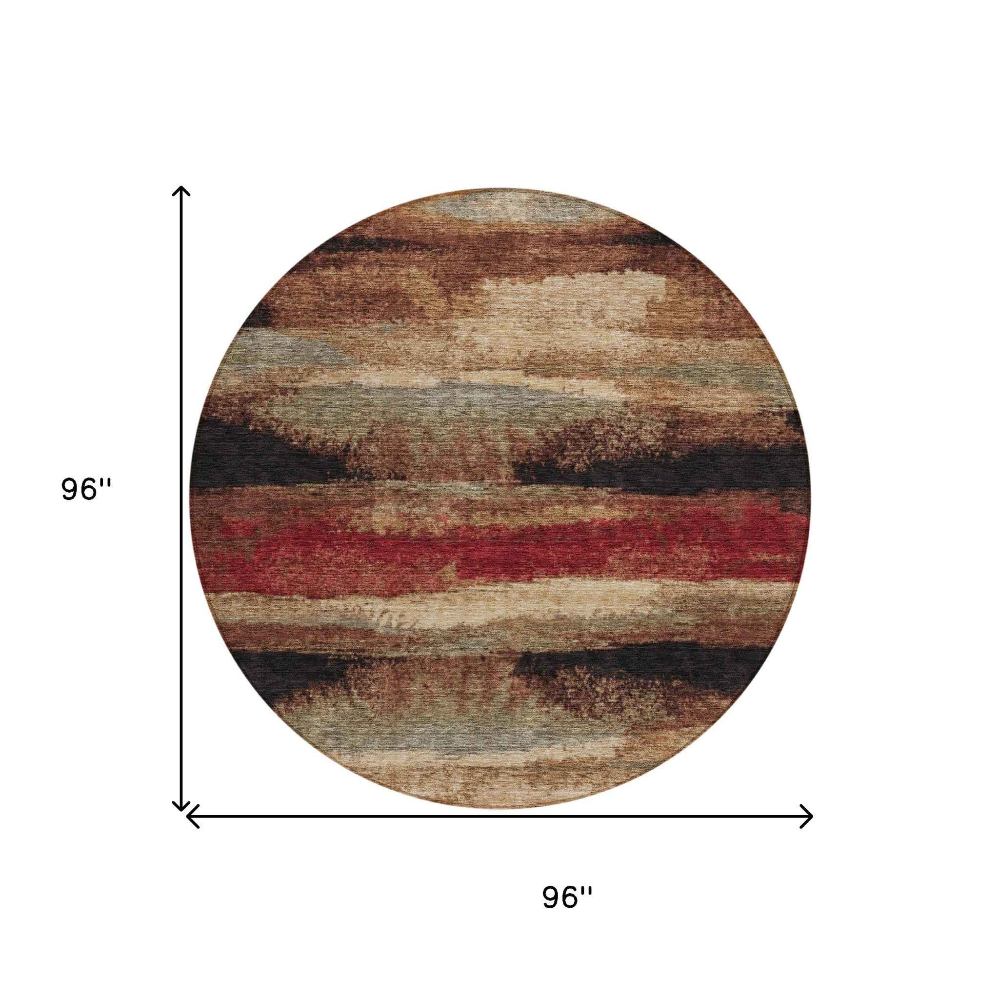 8' Brown Beige And Burgundy Round Abstract Washable Indoor Outdoor Area Rug
