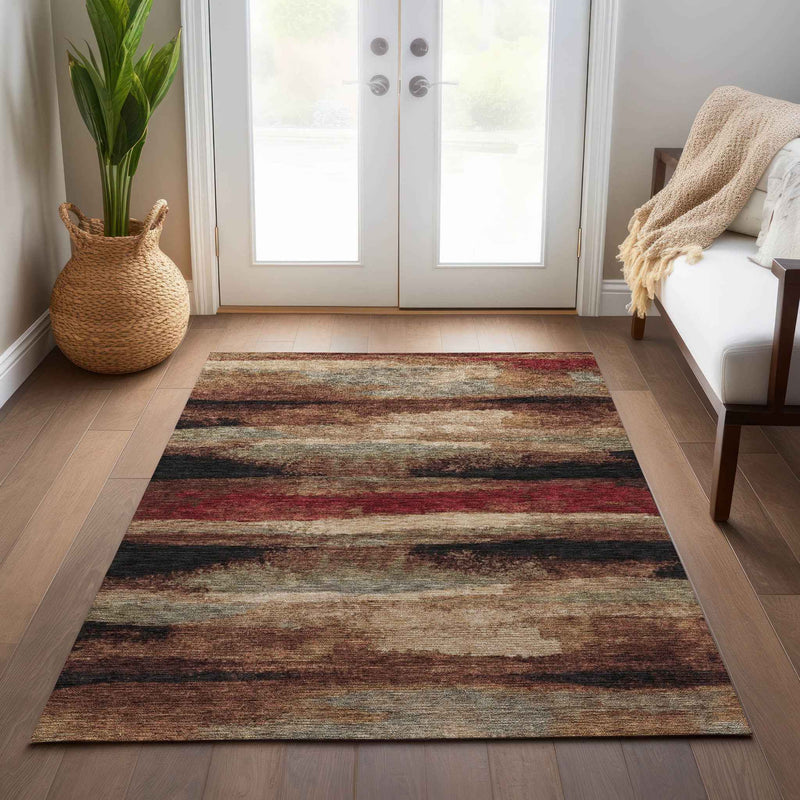 8' X 10' Brown Beige And Burgundy Abstract Washable Indoor Outdoor Area Rug