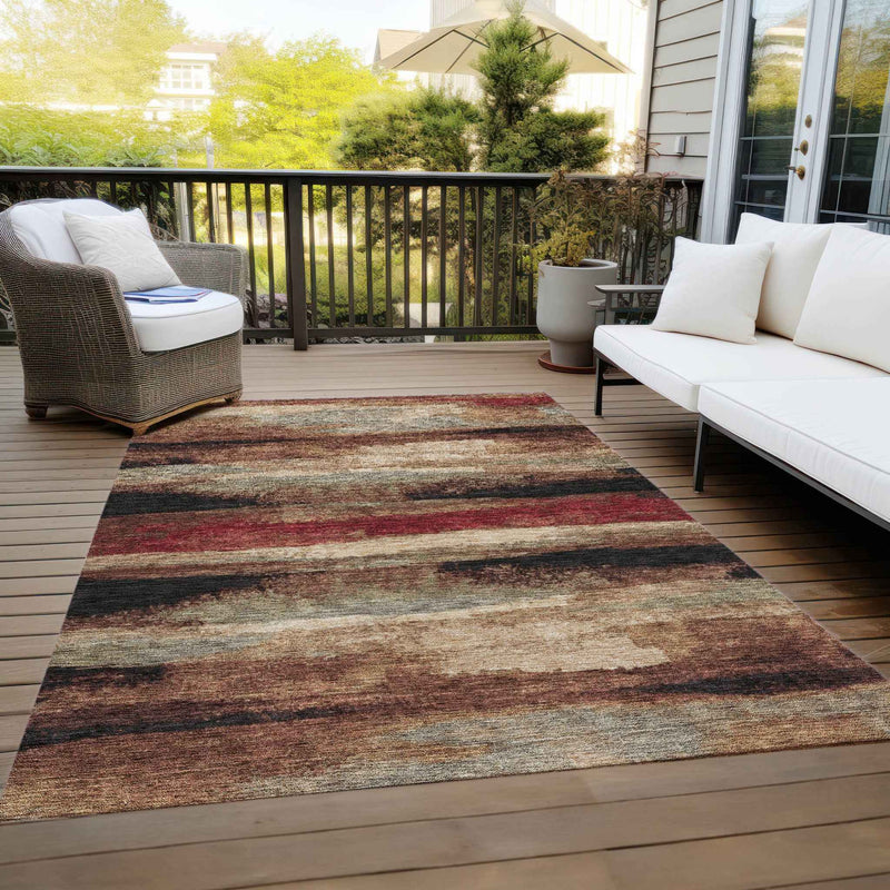 8' X 10' Brown Beige And Burgundy Abstract Washable Indoor Outdoor Area Rug