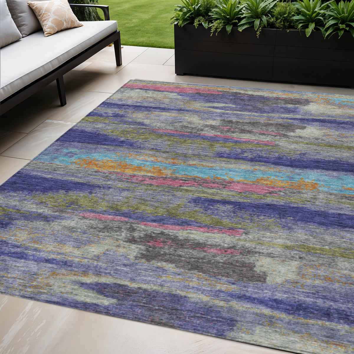 5' X 8' Lavender Pink And Blue Abstract Washable Indoor Outdoor Area Rug
