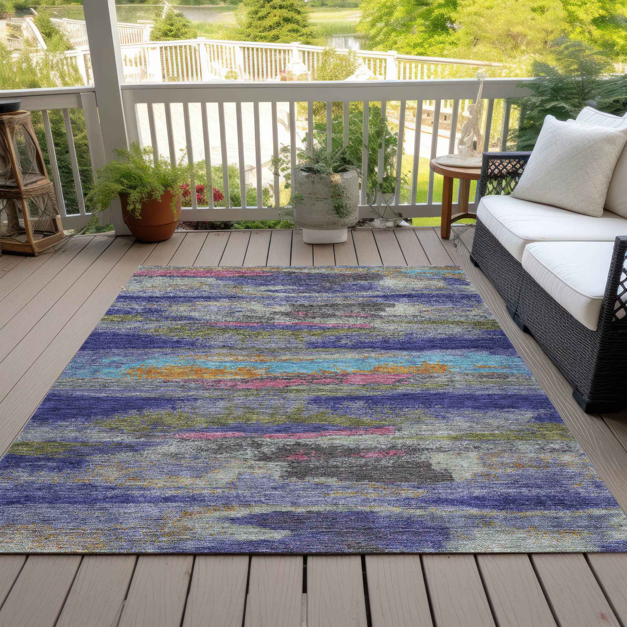 5' X 8' Lavender Pink And Blue Abstract Washable Indoor Outdoor Area Rug