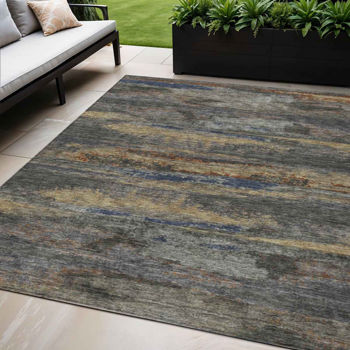 5' X 8' Graphite And Gray Abstract Washable Indoor Outdoor Area Rug