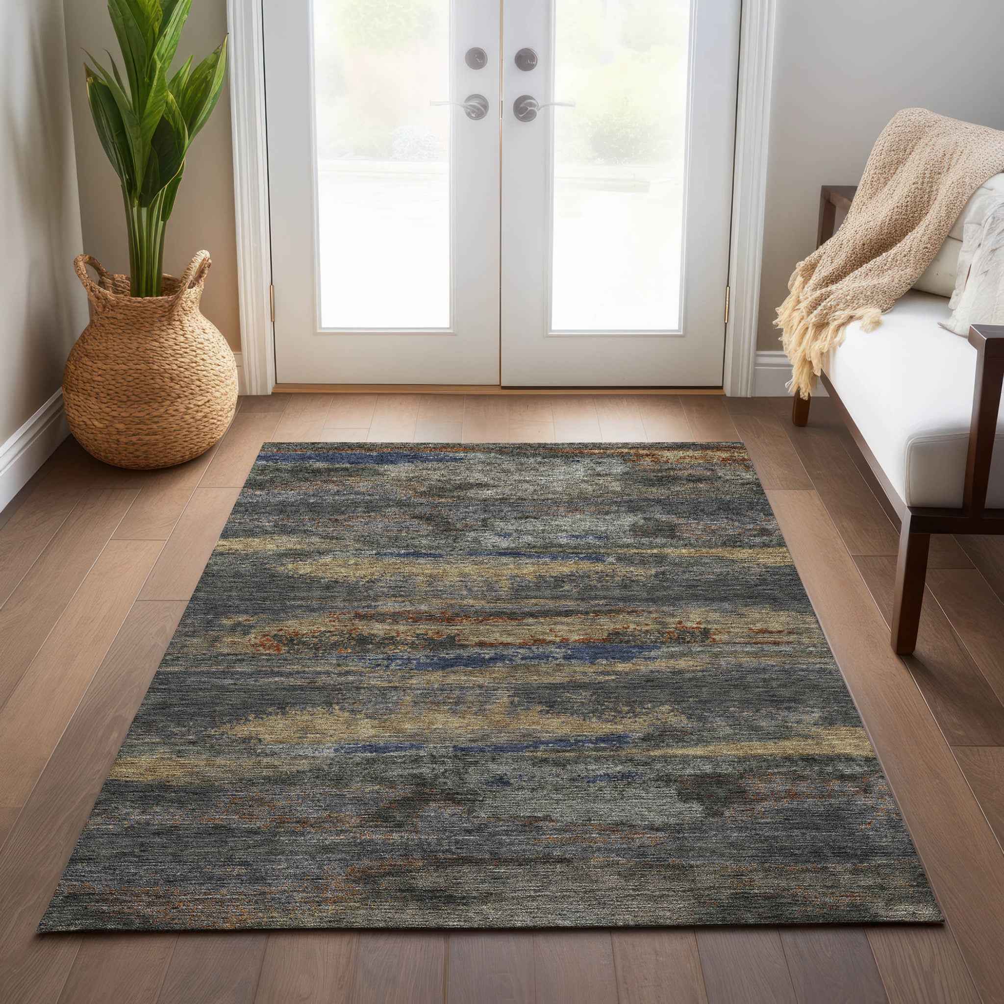 5' X 8' Graphite And Gray Abstract Washable Indoor Outdoor Area Rug