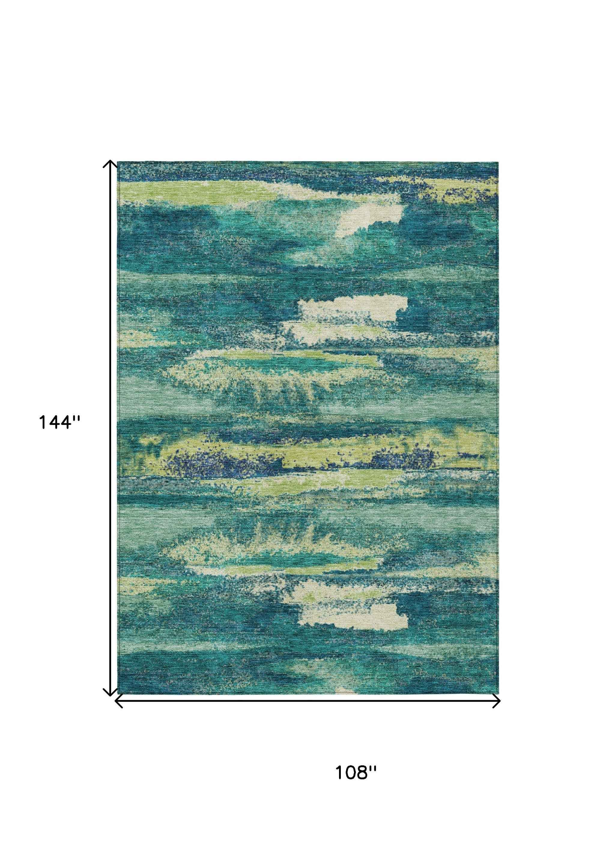 9' X 12' Emerald And Lime Green Abstract Washable Indoor Outdoor Area Rug
