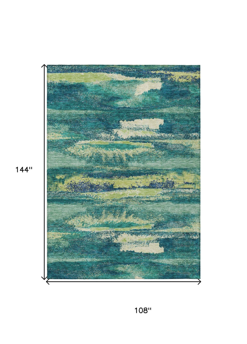 9' X 12' Emerald And Lime Green Abstract Washable Indoor Outdoor Area Rug
