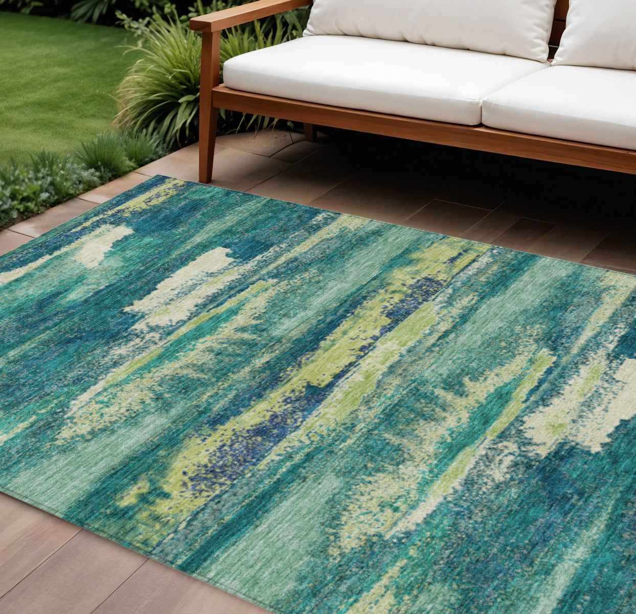 9' X 12' Emerald And Lime Green Abstract Washable Indoor Outdoor Area Rug