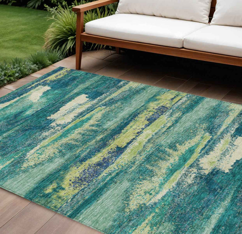 9' X 12' Emerald And Lime Green Abstract Washable Indoor Outdoor Area Rug
