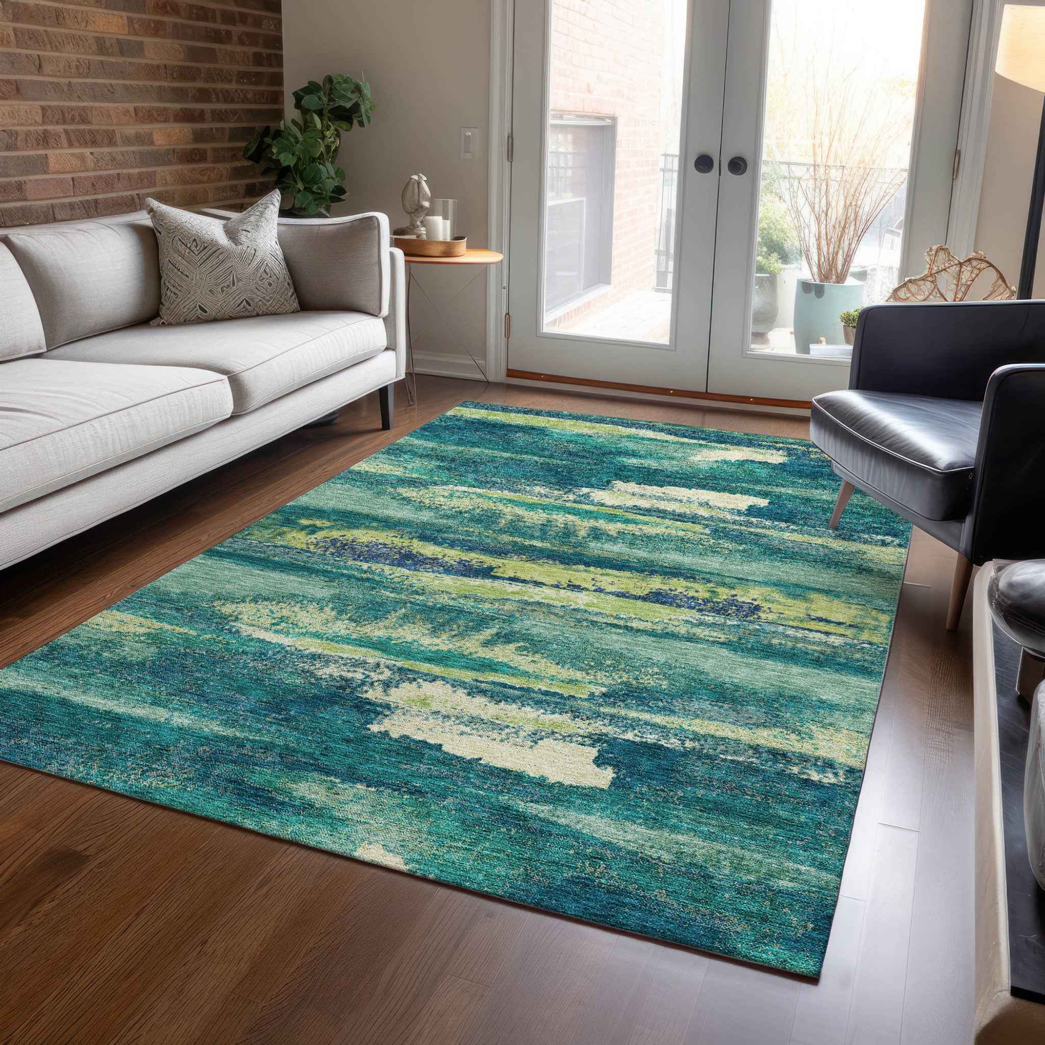 9' X 12' Emerald And Lime Green Abstract Washable Indoor Outdoor Area Rug